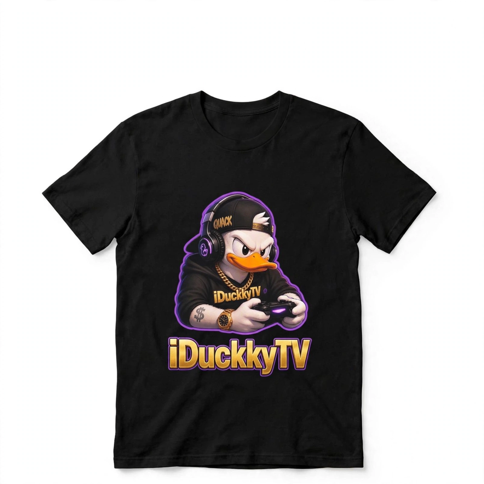Black t-shirt with the duck mascot printed on the front above the gold iDuckkyTV wordmark